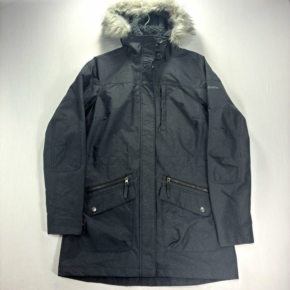 Columbia Interchange Women’s S Gray Hooded Parka Coat Faux Fur Trim 3 in 1